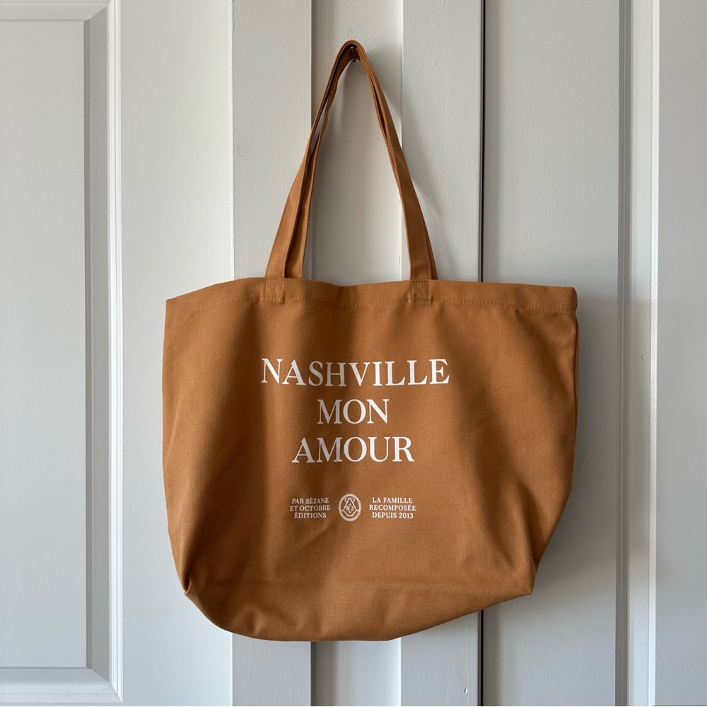 Sézane Nashville Mon Amour Tote- Parisian Chic Camel Brown Canvas Tote Bag